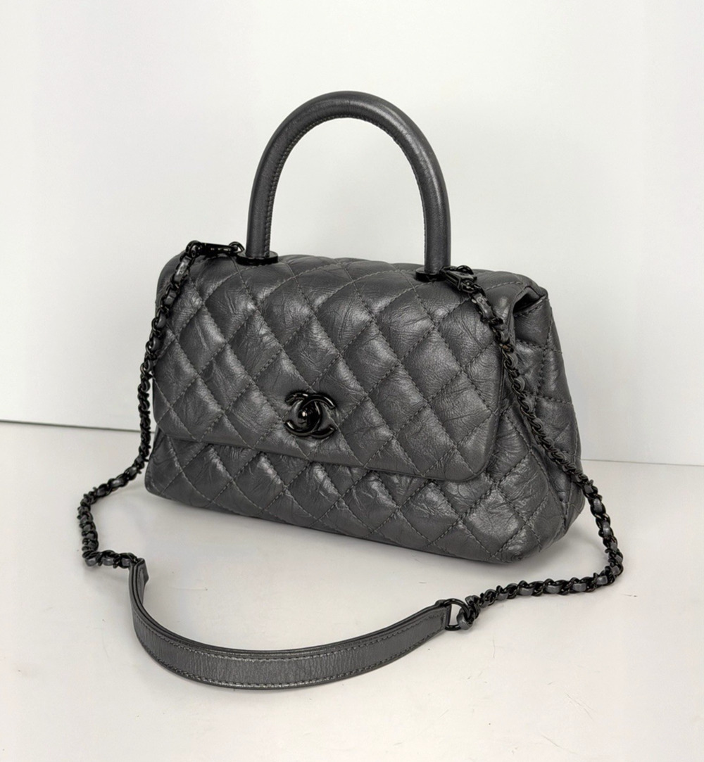 Chanel Coco Handle Flap Bag Small in Charcoal Gray Aged Calfskin Leather 2019 C4